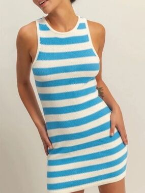 NEW Double Zero Blue White Striped Bodycon Mini Dress Sleeveless Knit Summer